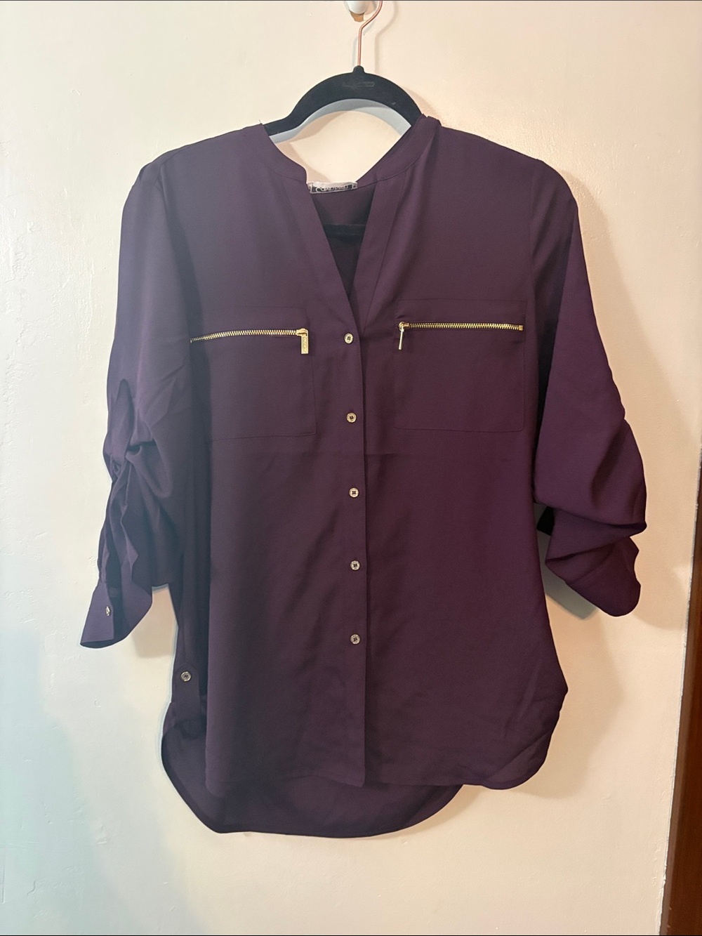 Calvin Klein Deep Plum Button-Front Blouse with Gold Zippers - Picture 1 of 5